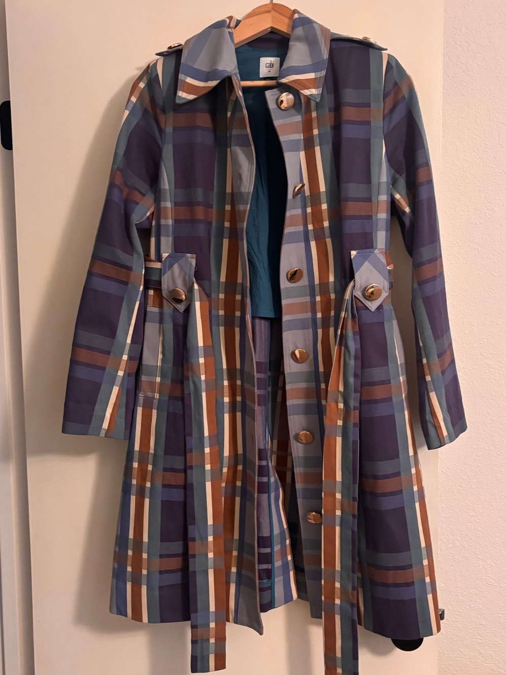 CAbi Blue Plaid Trench Coat with Brown Accents
